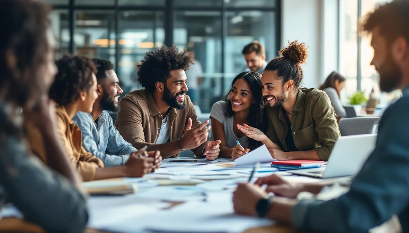 Eine diverse Gruppe von Menschen sitzt an einem Tisch und plant gemeinsam ein Projekt, wobei sie Notizen machen und Ideen austauschen. Diese Zusammenarbeit spiegelt das Engagement von Freiwilligen wider, die sich für soziale Projekte in Deutschland einsetzen.