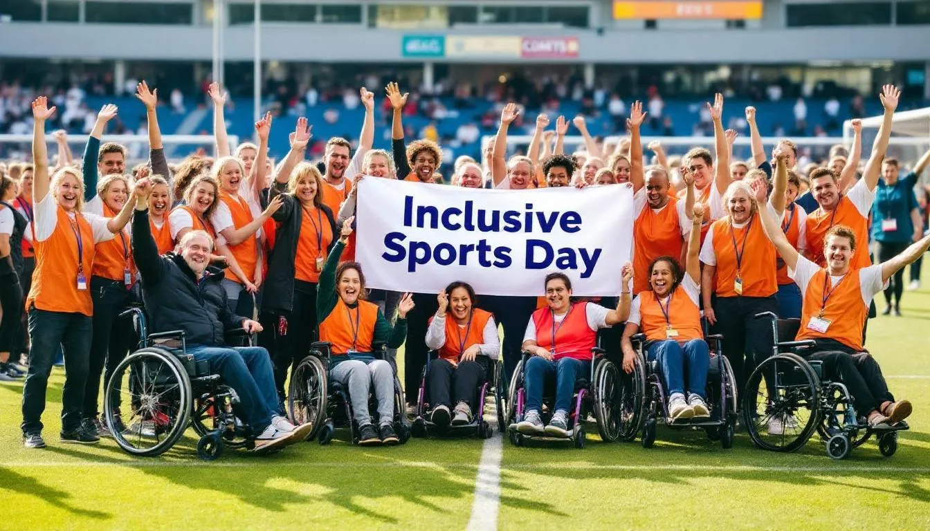 In der Abbildung feiern deutsche Freiwillige und Teilnehmer mit Behinderungen gemeinsam bei einer Sportveranstaltung, umgeben von bunten Bannern und fröhlichen Gesichtern. Die Atmosphäre ist lebhaft und voller Spaß, während sie sich aktiv an den verschiedenen sportlichen Aktivitäten beteiligen und das Engagement für Inklusion und Teilhabe zelebrieren.
