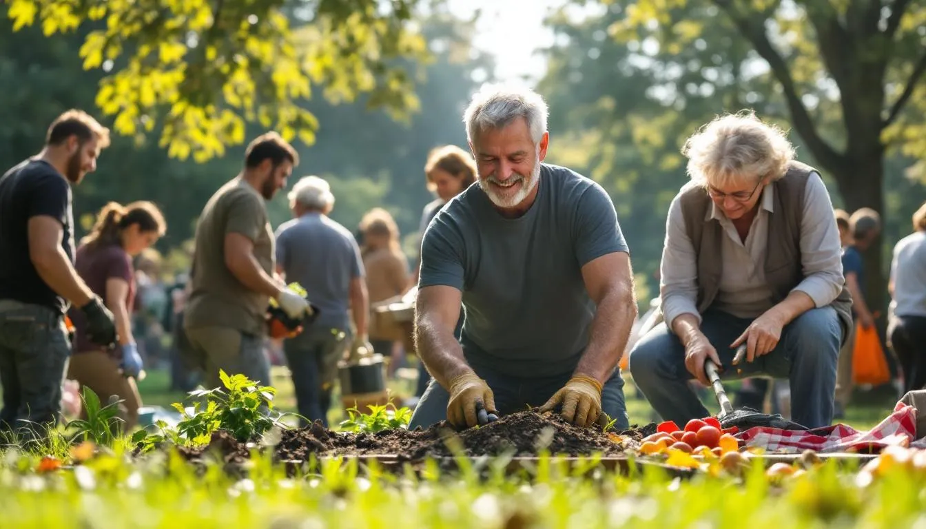 In der Abbildung sind Menschen verschiedener Altersgruppen zu sehen, die gemeinsam bei einem Outdoor-Event in Frankfurt am Main arbeiten. Sie engagieren sich freiwillig und zeigen Teamarbeit, während sie an verschiedenen Aktivitäten teilnehmen, die Spaß und Unterstützung für die Gesellschaft fördern.