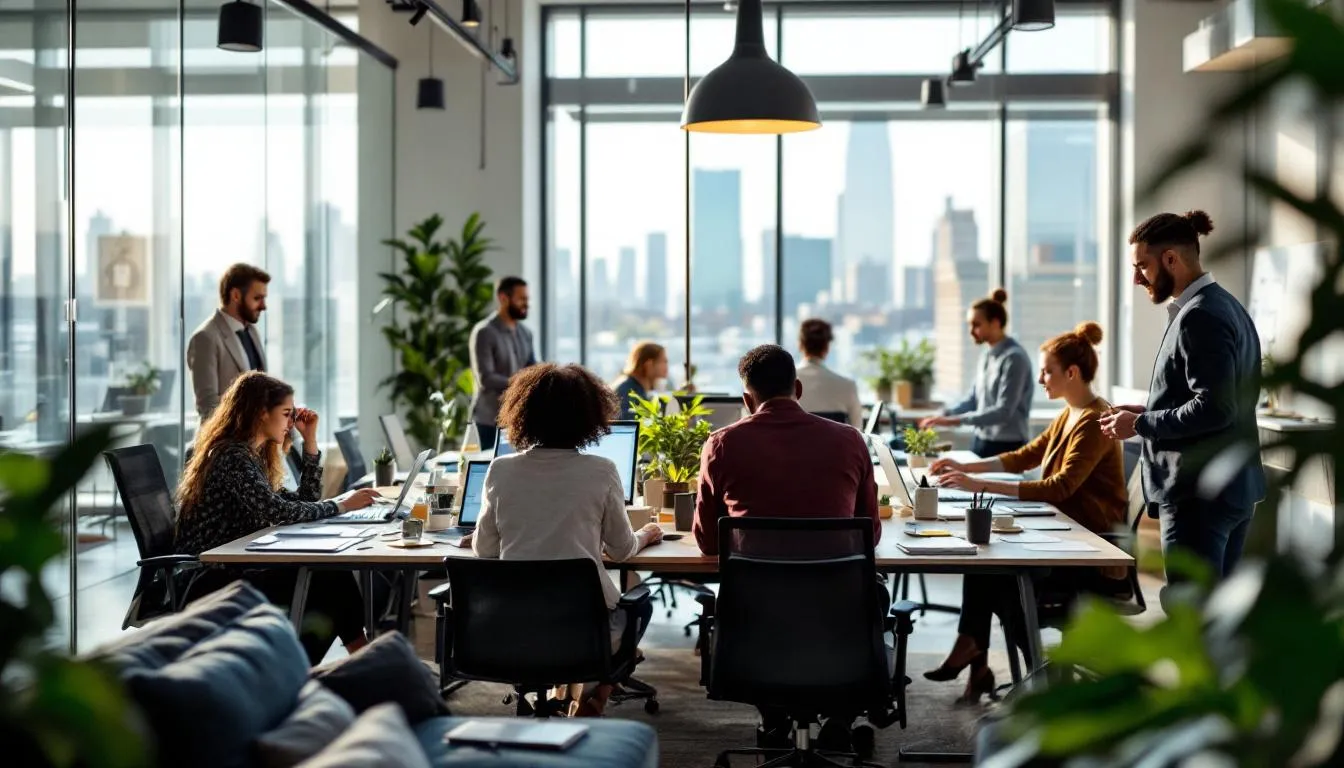 In a modern Berlin office, a diverse group of professionals collaborates on a project, showcasing teamwork in various fields such as marketing and support. The environment reflects the vibrant job market in Germany, highlighting opportunities for job offers and internships in the city.